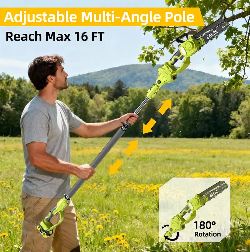2 in 1 Cordless Pole Saw & Mini Chainsaw with 2 Batteries, Power Electric Polesaw for Tree Trimming, Chain Saw with Detachable Extension Pole, 15ft Reach, Limb Branch Cutter Pruner