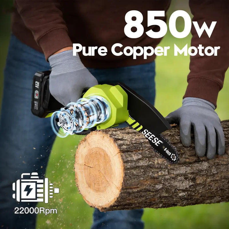 Brushless Mini ChainSaw - Portable Electric Cordless Saw for Wood Cutting, Batteries (2000mAh) ,Pruning, Gardening, Camping - Suitable for Seniors, Women
